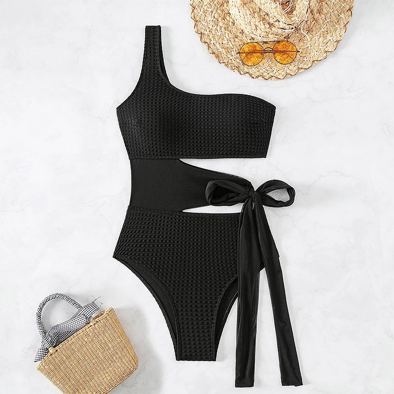 Women's New Swimsuit Solid Color One-shoulder Sexy Strap Wispy One-piece Bikini